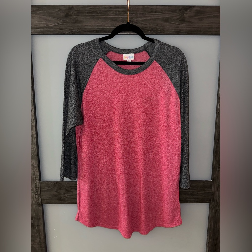 LuLaRoe heathered red and Gray baseball style Randy Top